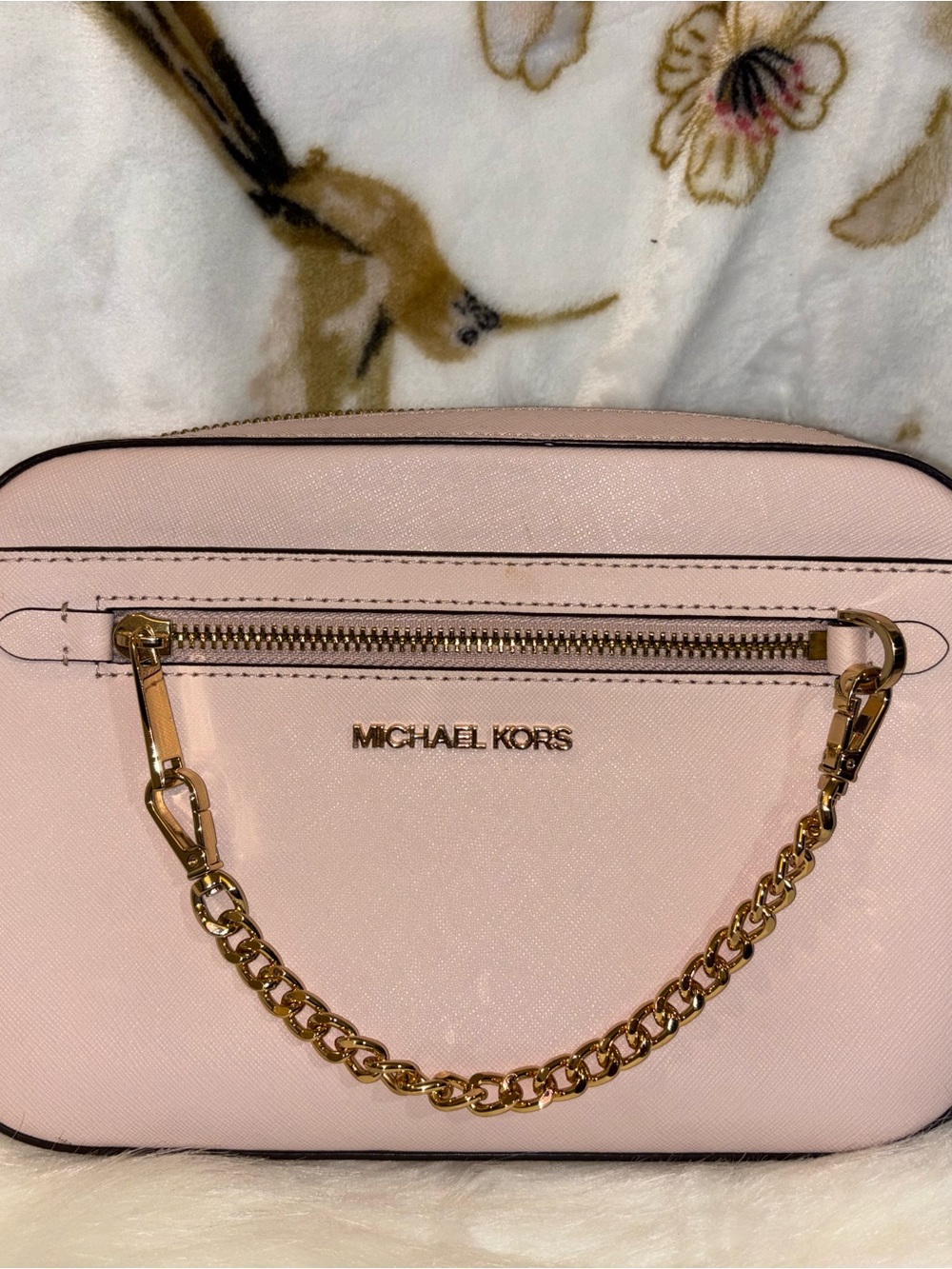 Michael Kors Pink Saffiano Leather Crossbody with Gold Chain
